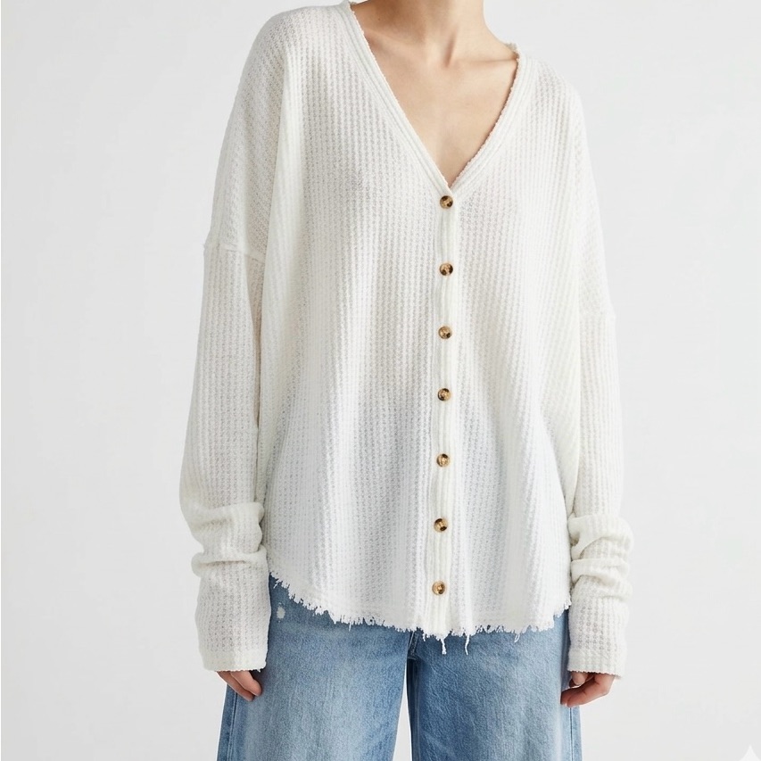 Out From Under Jojo Oversized Waffle Thermal Button Front Top - Cloud White Xs